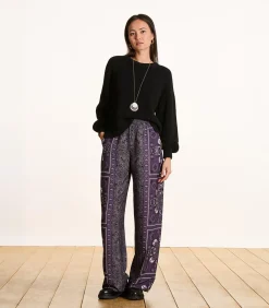 Hot Vloeiende broek in pruimkleurige twill met sjaalprint DAMES Broeken & Shorts