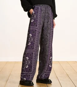 Hot Vloeiende broek in pruimkleurige twill met sjaalprint DAMES Broeken & Shorts