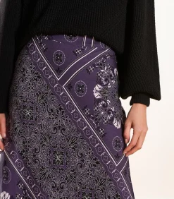 Sale Vloeiende rok in pruimkleurige twill met sjaalprint DAMES Rokken