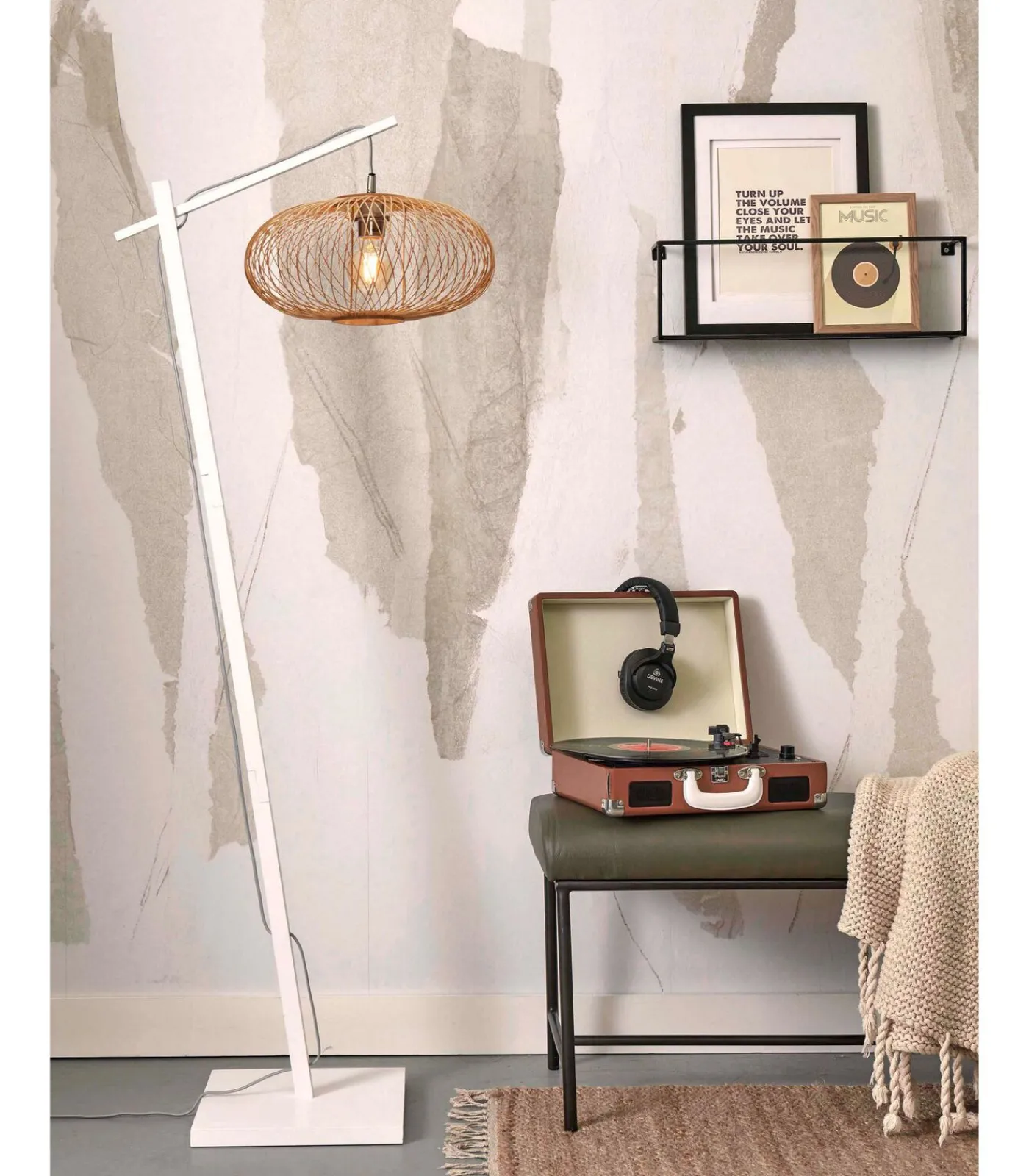 Clearance Vloerlamp Cango - Bamboe Wit/Naturel - 62x40x150cm Vloerlampen