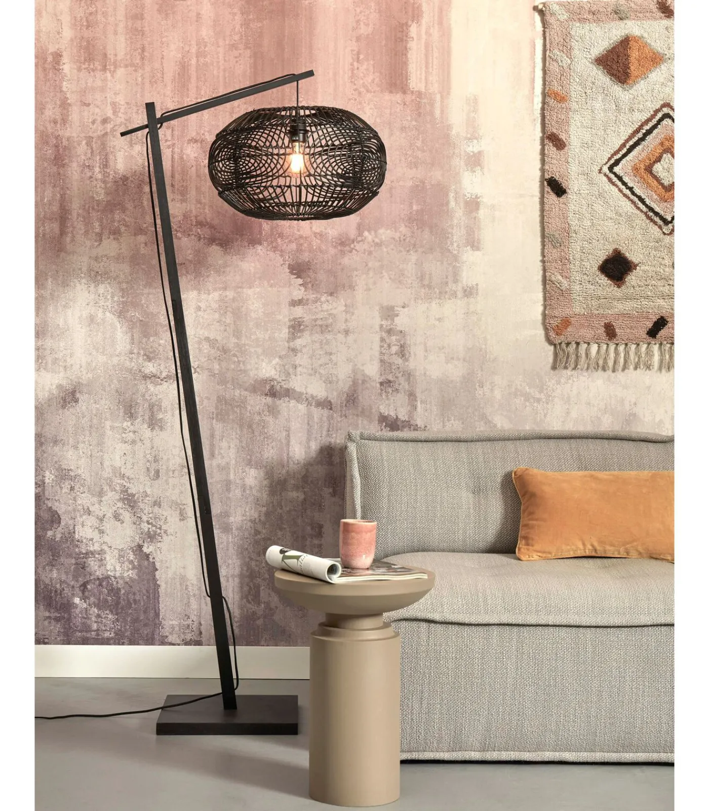GOOD &MOJO Vloerlamp Madeira - Bamboe/Rotan Zwart - 74x48x176cm