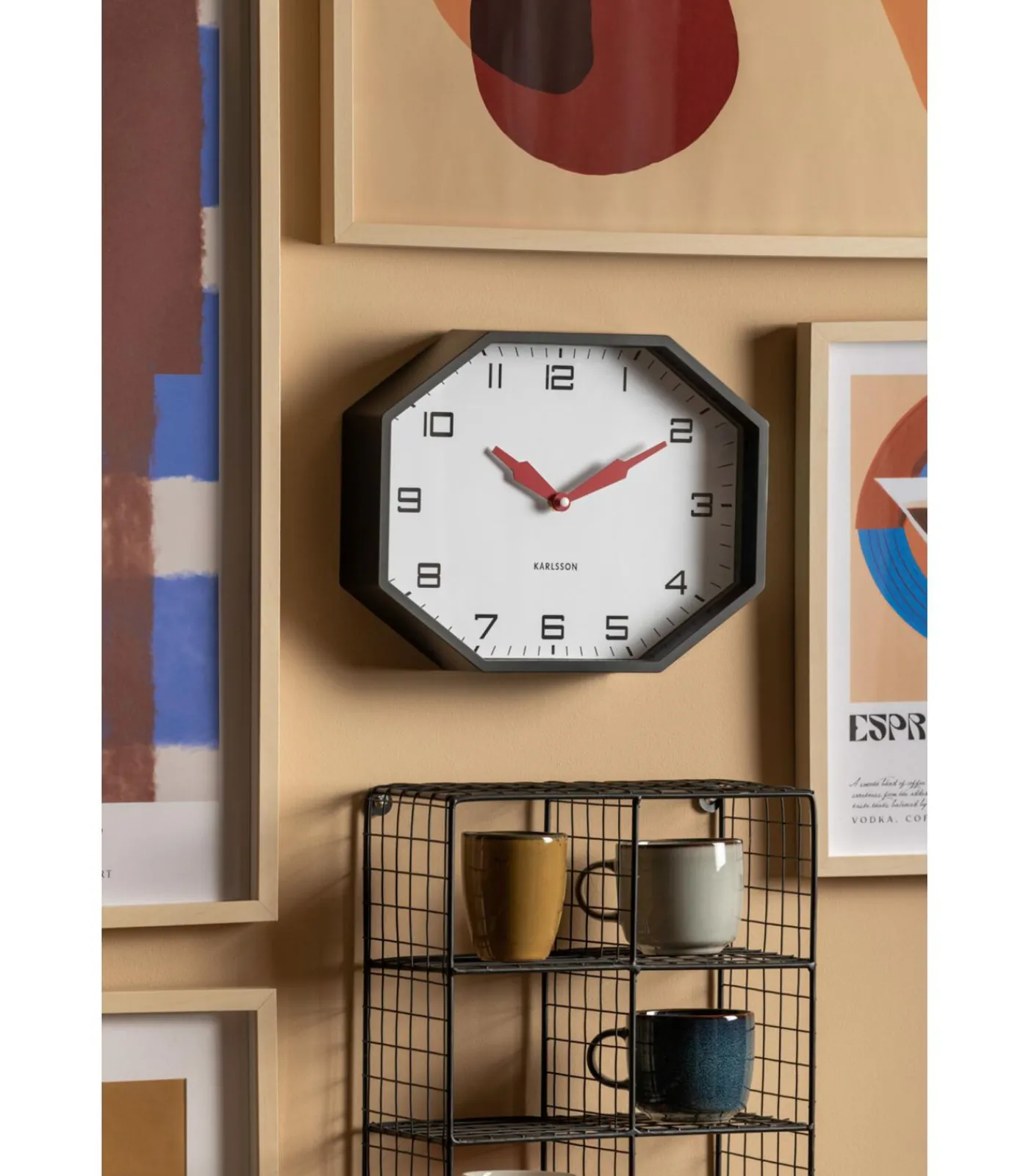 Karlsson Wandklok Modern Factory Octagon - Zwart - 32x32x26cm