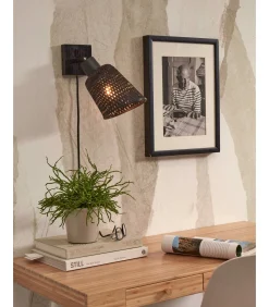 Outlet Wandlamp Java - Bamboe Zwart - Ø15cm Muurverlichting