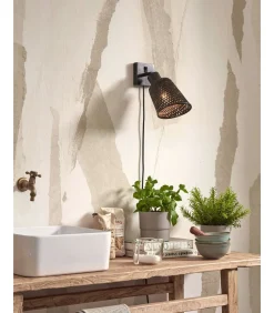 Outlet Wandlamp Java - Bamboe Zwart - Ø15cm Muurverlichting