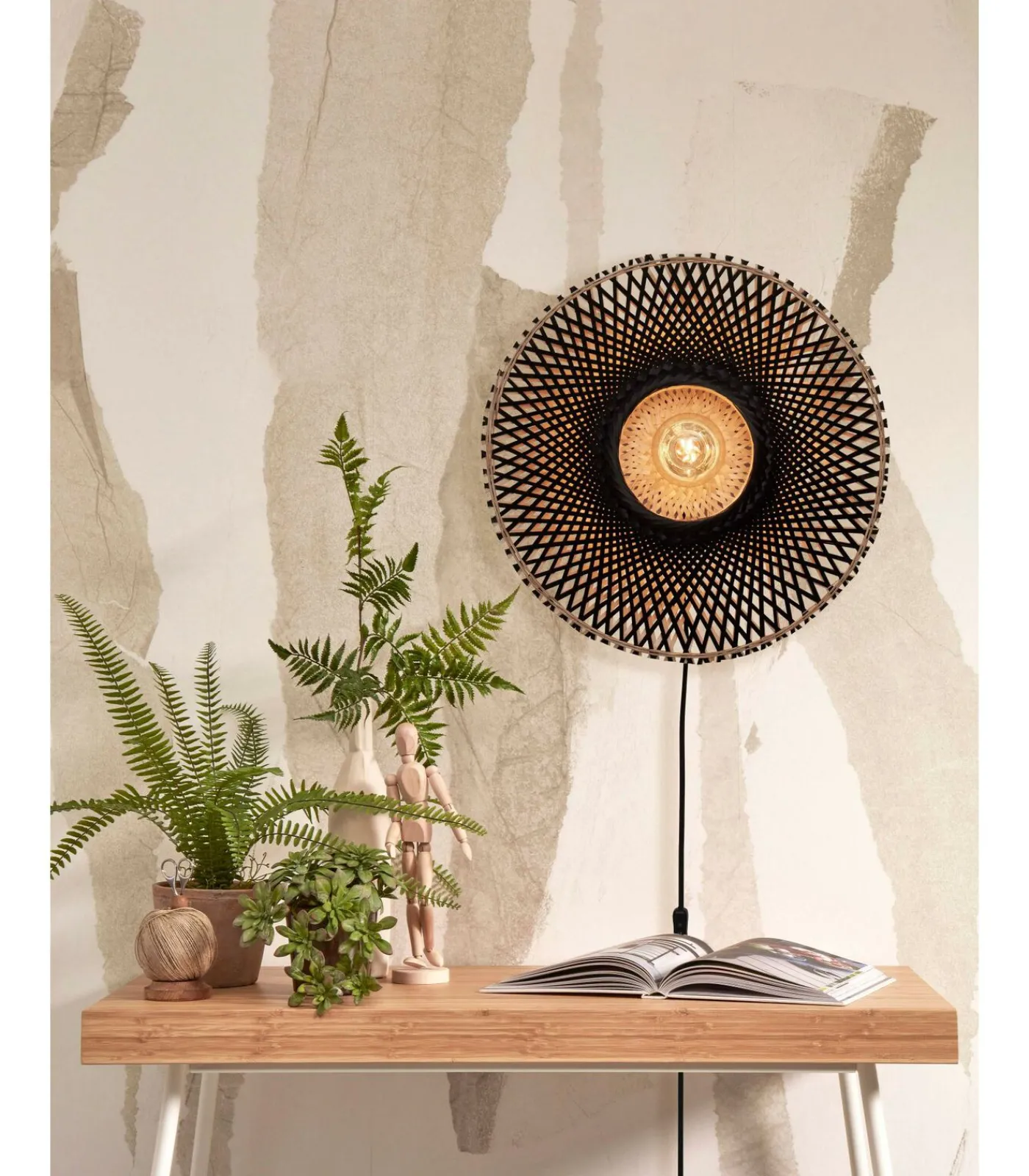 Best Wandlamp Kalimantan - Bamboe/Zwart - Ø44cm Muurverlichting