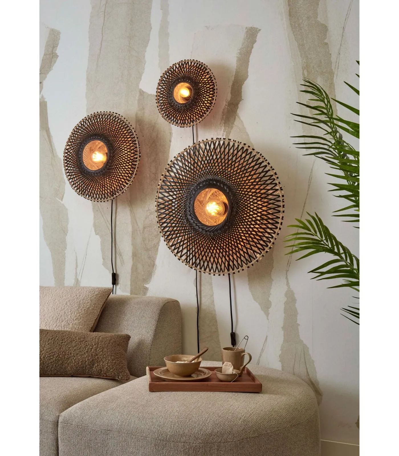 Best Wandlamp Kalimantan - Zwart/Bamboe - Ø30cm Muurverlichting
