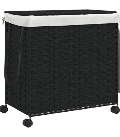 Sale Wasmand op wielen 60x35x60,5 cm rattan zwart Manden En Bakken