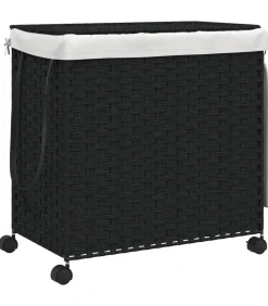 Sale Wasmand op wielen 60x35x60,5 cm rattan zwart Manden En Bakken