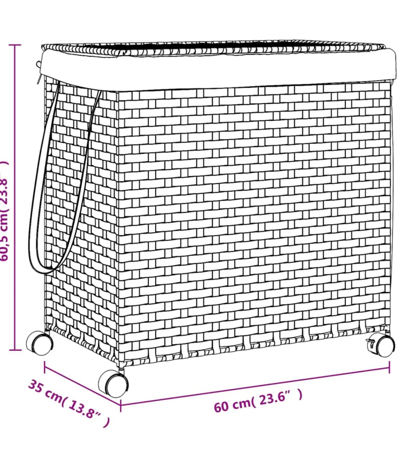vidaXL Wasmand op wielen 60x35x60,5 cm rattan wit