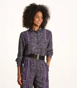 Outlet Wijde pruimkleurige blouse met sjaalprint in twill DAMES Overhemden & Blouses