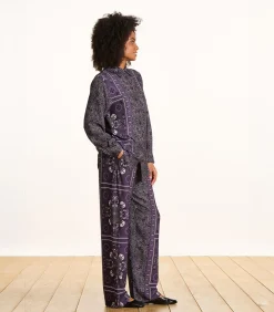 Outlet Wijde pruimkleurige blouse met sjaalprint in twill DAMES Overhemden & Blouses