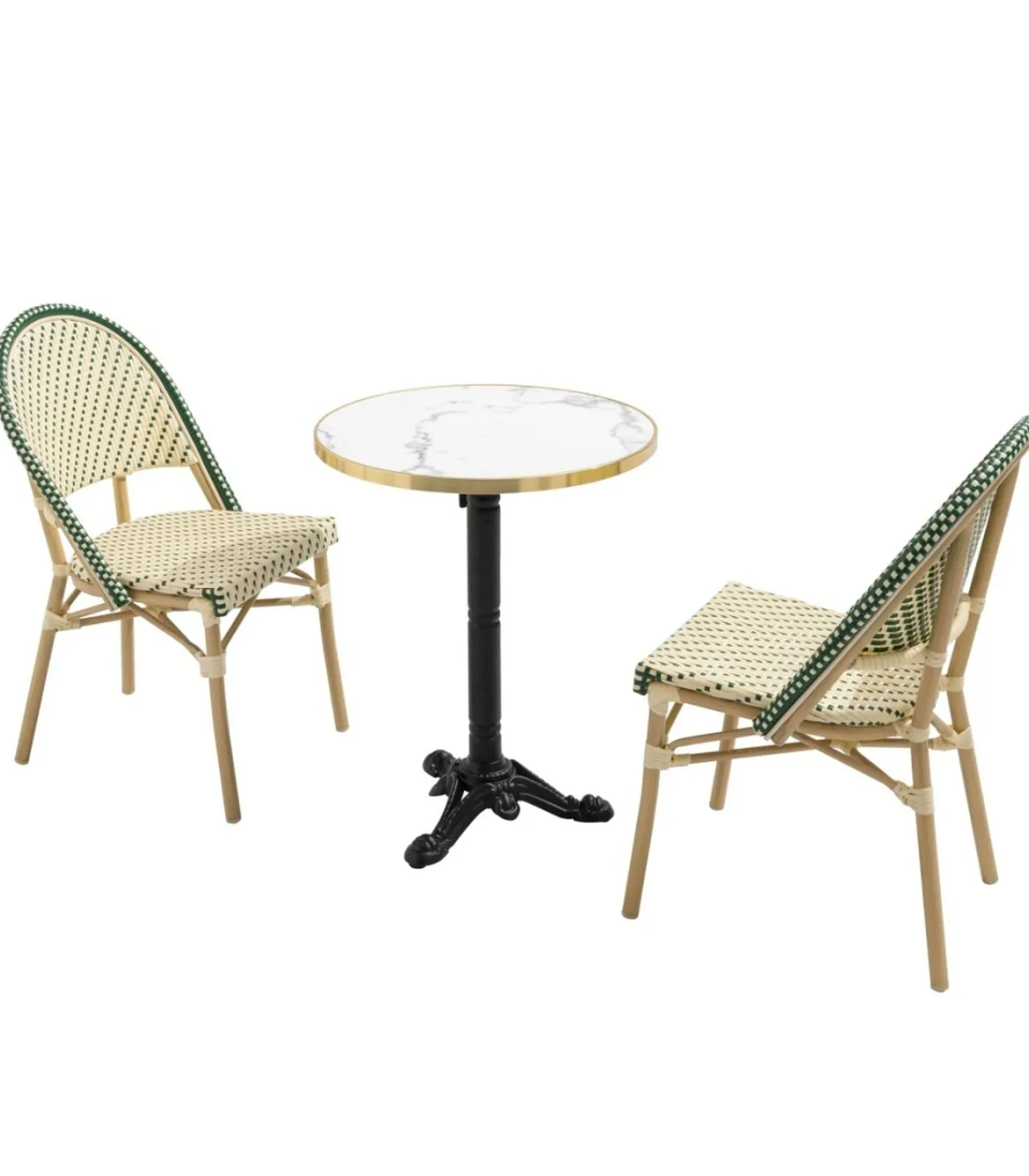 Hot Witte marmeren liggende terrastafel van 60 cm en 2 groene stoelen Tuinmeubelen