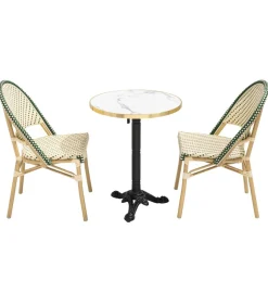 Hot Witte marmeren liggende terrastafel van 60 cm en 2 groene stoelen Tuinmeubelen