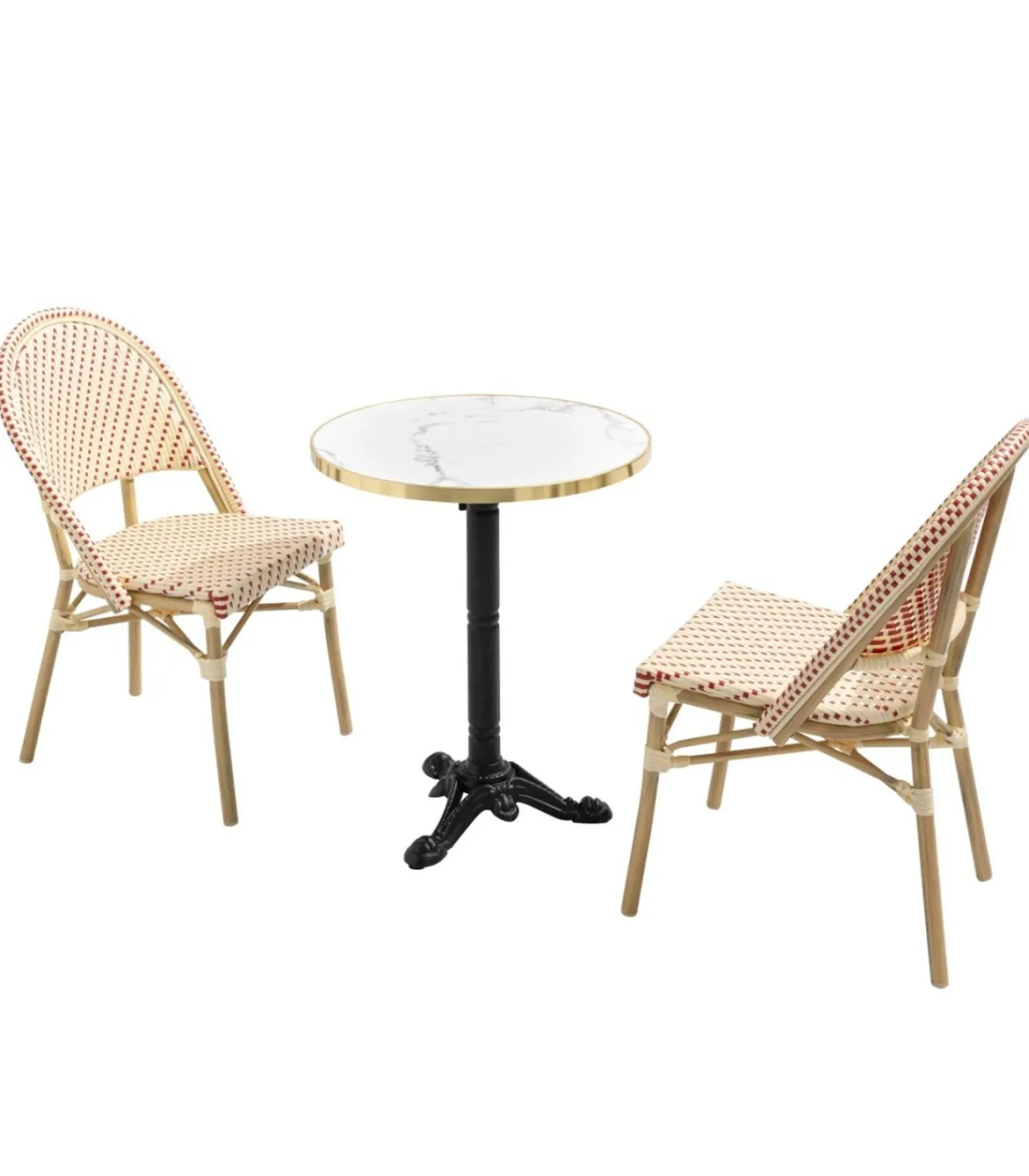 Clearance Witte marmeren terrastafel van 60 cm en 2 rode stoelen Tuinmeubelen