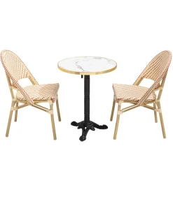 Clearance Witte marmeren terrastafel van 60 cm en 2 rode stoelen Tuinmeubelen
