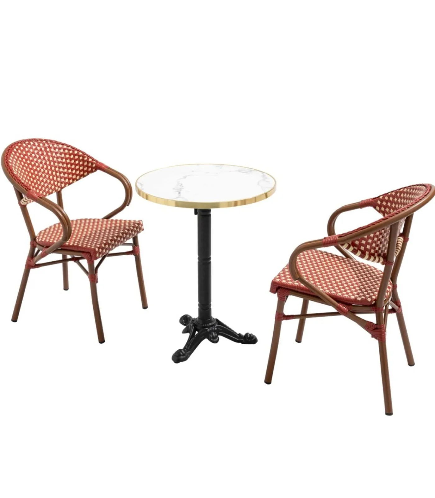 Oviala Witte marmeren terrastafel van 60 cm en 2 rode stoelen