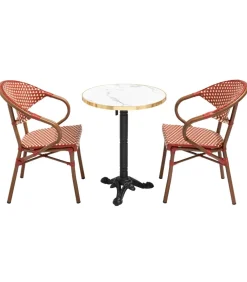 Oviala Witte marmeren terrastafel van 60 cm en 2 rode stoelen