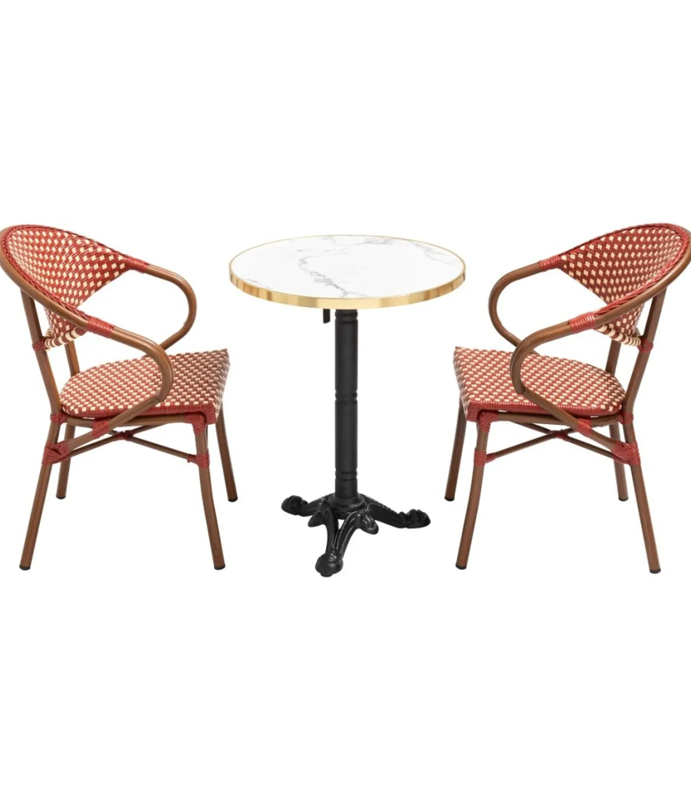 Oviala Witte marmeren terrastafel van 60 cm en 2 rode stoelen