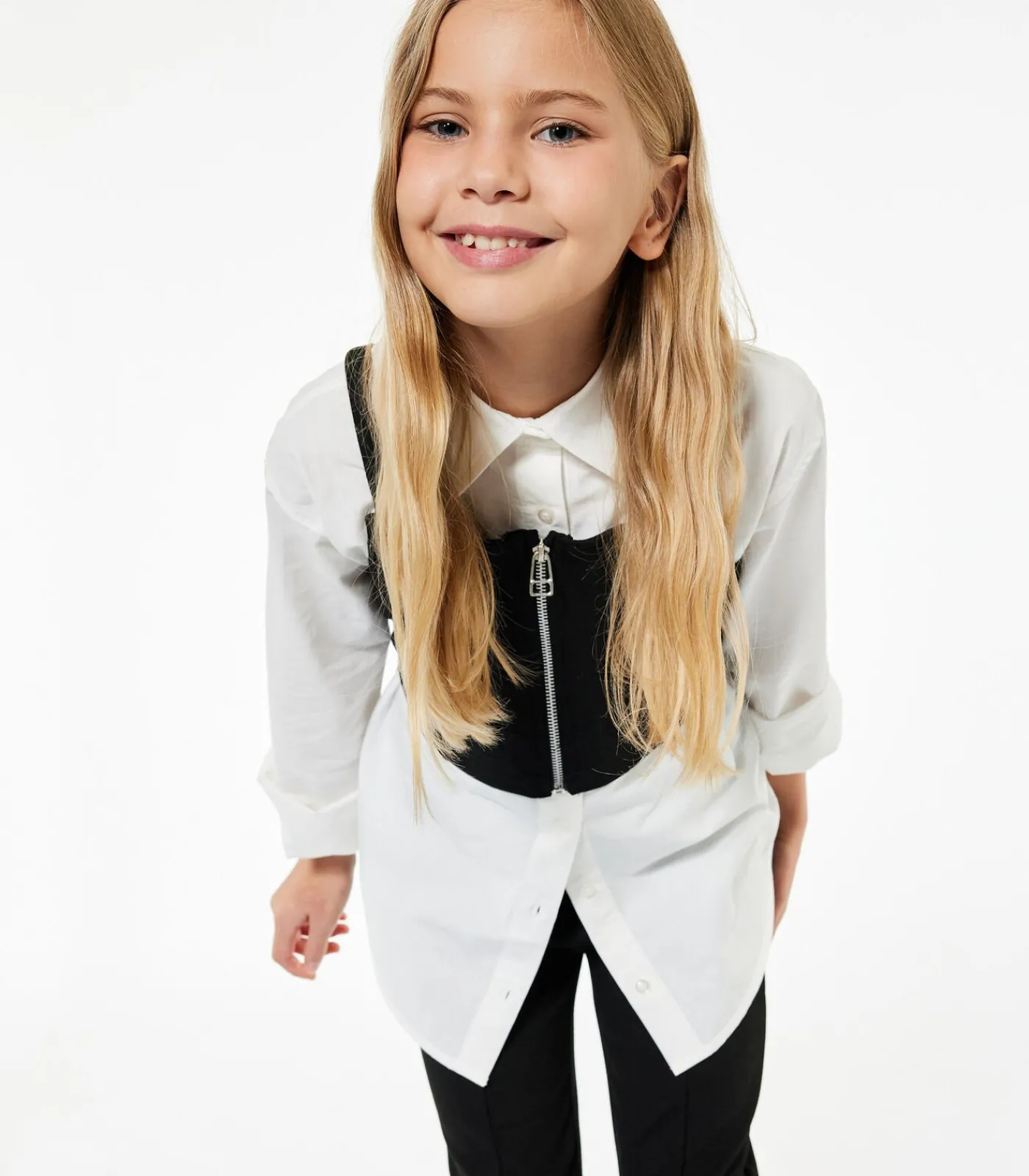 Kinderen Koton Witte Meisjesblouse Lange Mouwen Met Zwart Vest