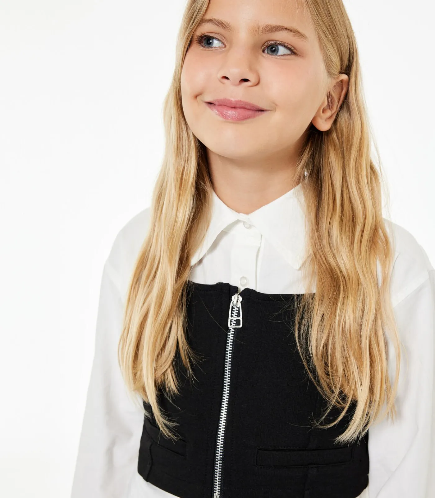 Kinderen Koton Witte Meisjesblouse Lange Mouwen Met Zwart Vest