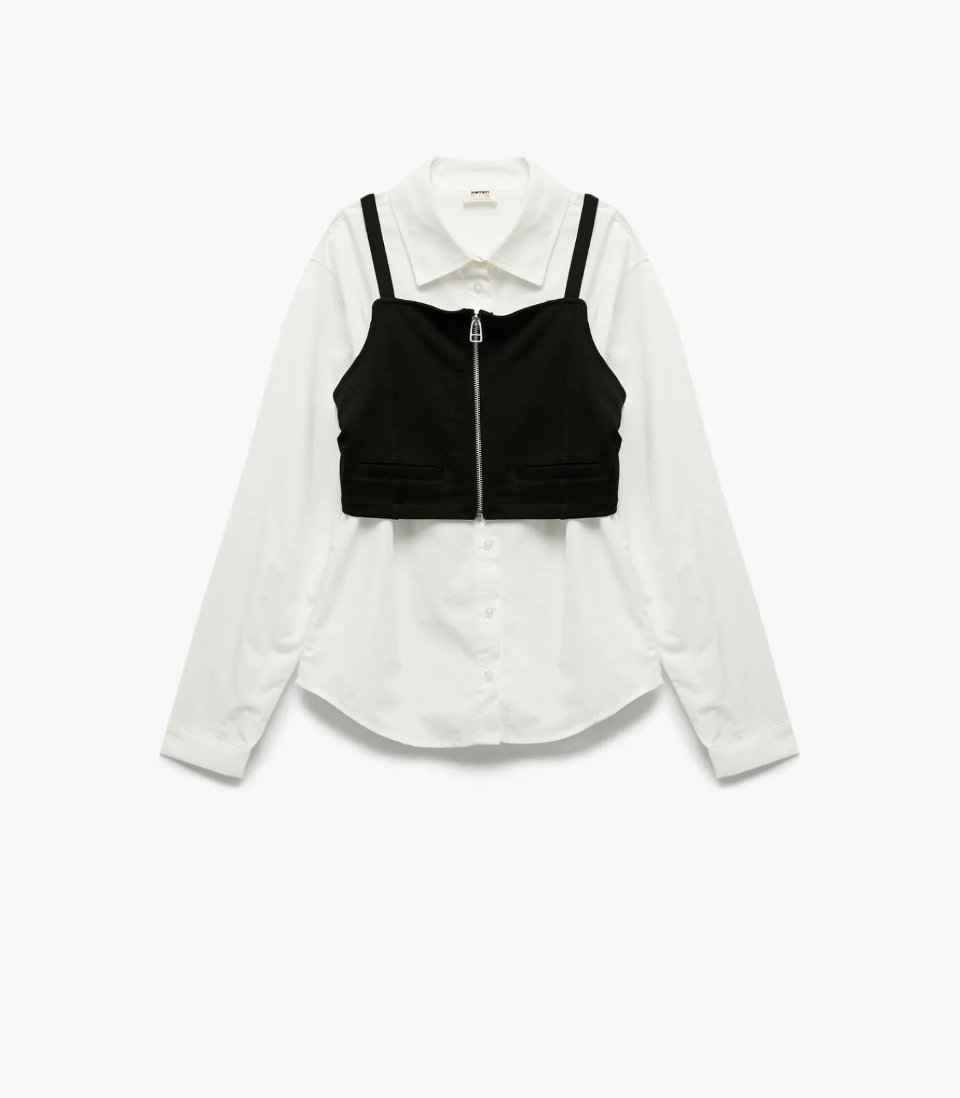 Kinderen Koton Witte Meisjesblouse Lange Mouwen Met Zwart Vest