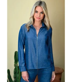 YOPAL Shirt met ritssluiting en strass-effect in denimlook DAMES Overhemden & Blouses