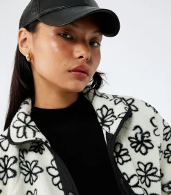 DAMES Koton Zwarte Bloemendessin Fleece Jas met Rits