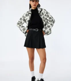 DAMES Koton Zwarte Bloemendessin Fleece Jas met Rits