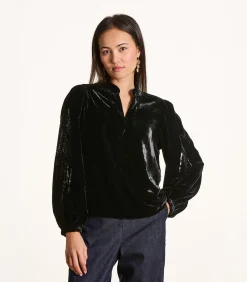 Sale Zwarte fluwelen top met lange mouwen en borduursels DAMES T-Shirts & Tops