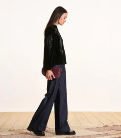 Sale Zwarte fluwelen top met lange mouwen en borduursels DAMES T-Shirts & Tops