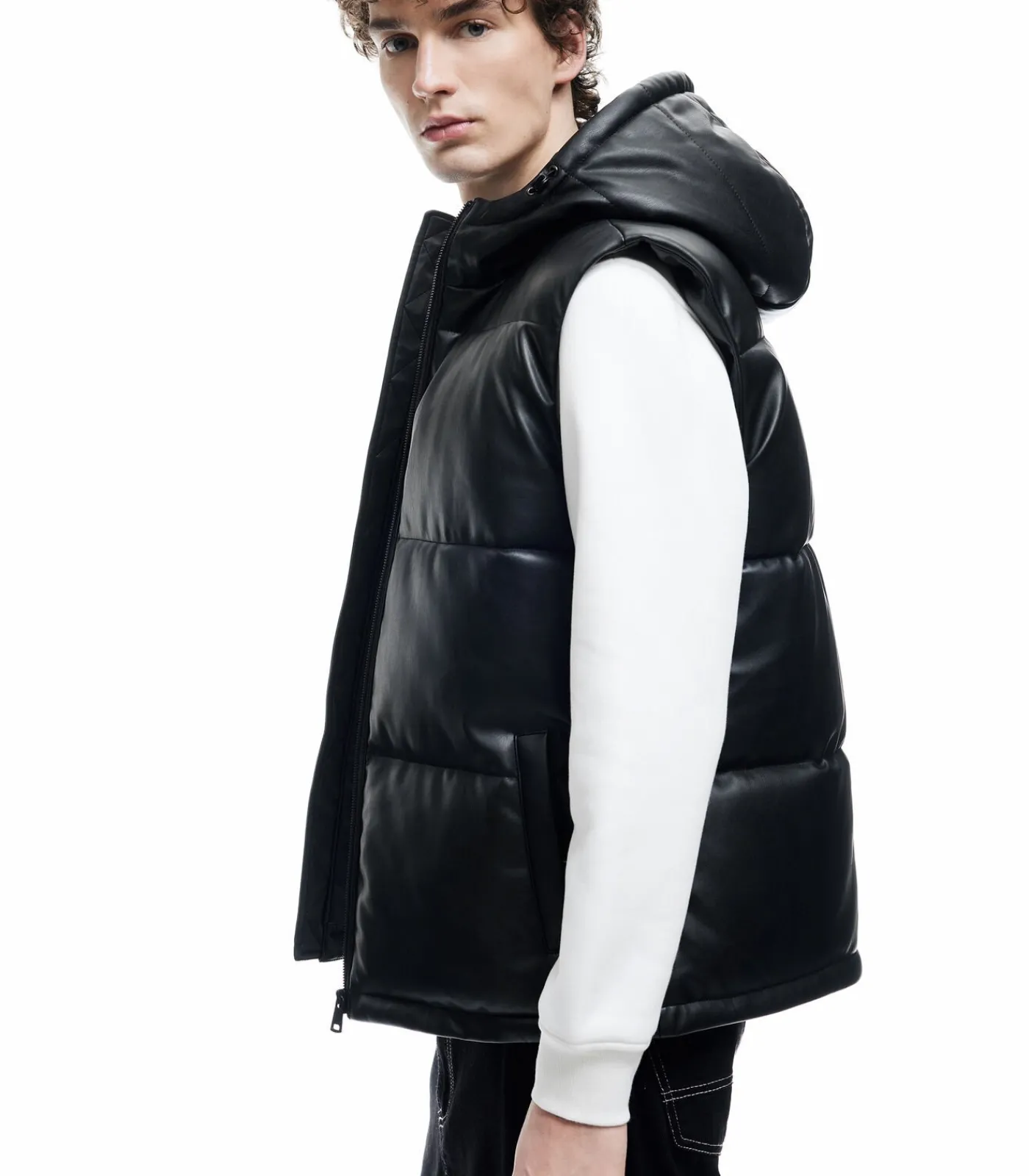 Heren Koton Zwarte Heren Bodywarmer met Capuchon en Zakdetails