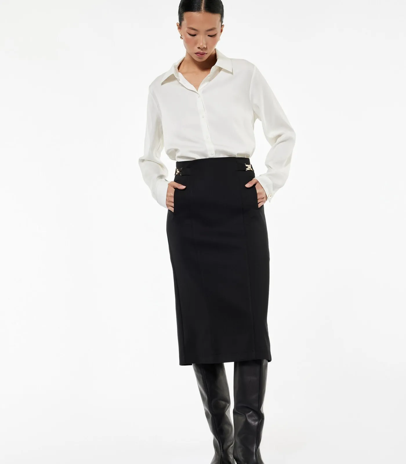 Outlet Zwarte Midi Kokerrok Hoog Gesneden met Metalen Details DAMES Rokken