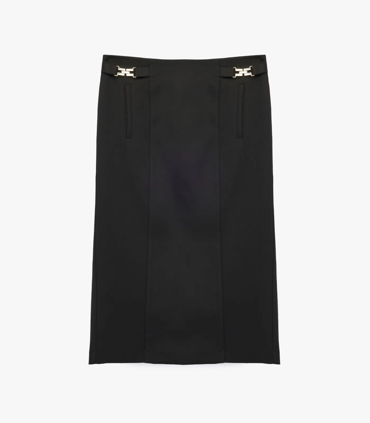 Outlet Zwarte Midi Kokerrok Hoog Gesneden met Metalen Details DAMES Rokken