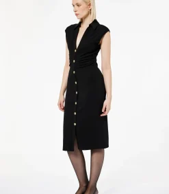 Sale Zwarte Midi-jurk V-hals Knopen Mouwloos DAMES Jurken